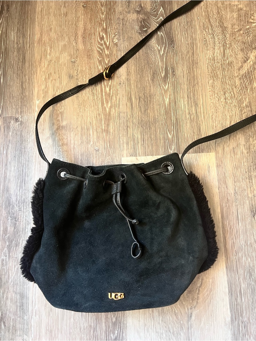 UGG Black Suede Shearling-Trim Drawstring Crossbody